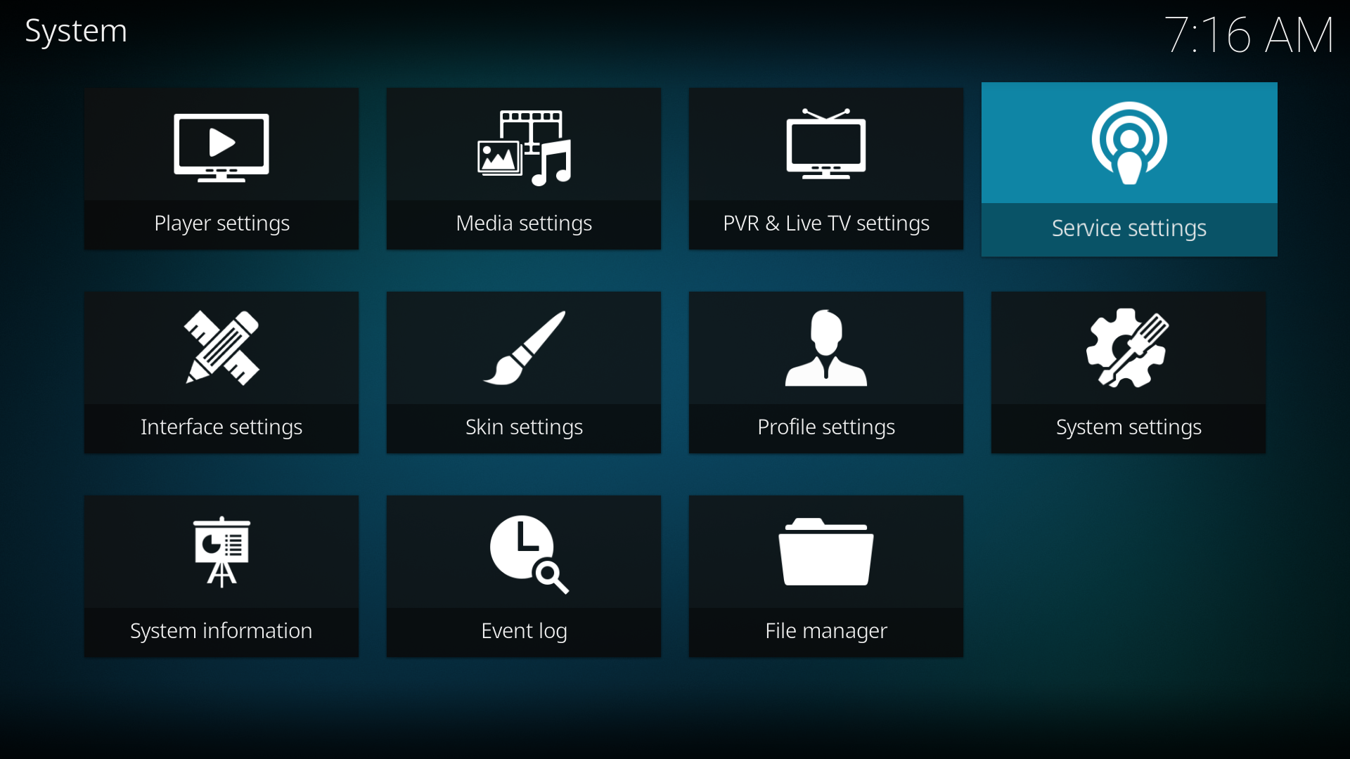 Enter Kodi Service settings